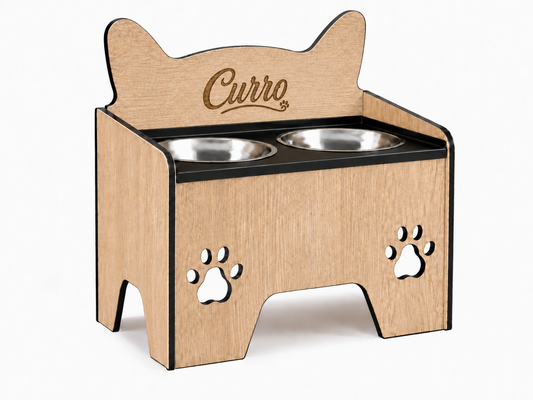 Comedero para perro elevado de madera personalizado con nombre grabado - Modelo Norte