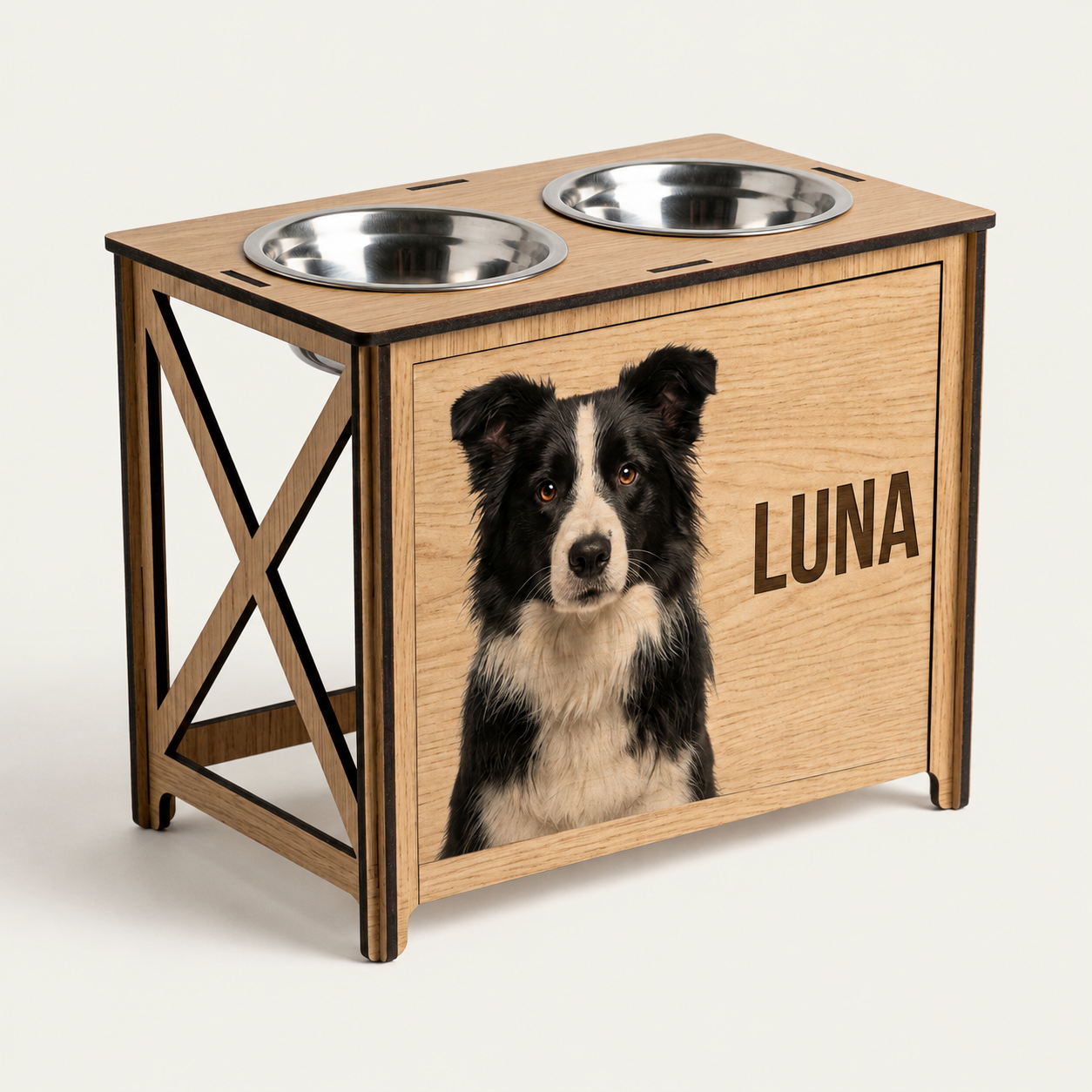 Comedero elevado personalizado con la foto de tu perro impresa a color - Modelo Lienzo