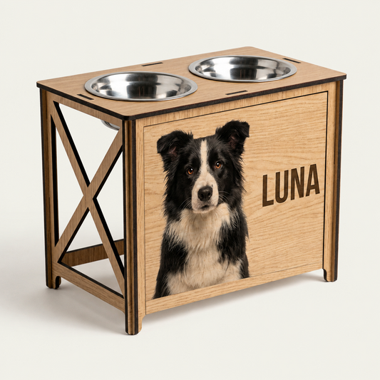 Comedero elevado personalizado con la foto de tu perro impresa a color - Modelo Lienzo