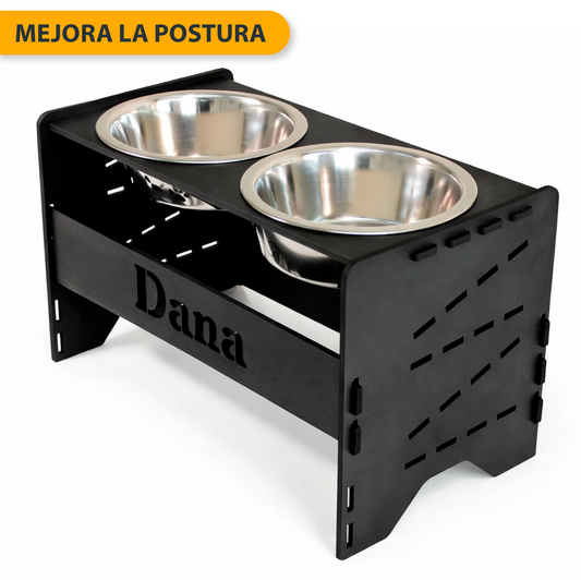 Comedero elevado perro personalizado con nombre regulable 5 alturas plano o inclinado, Modelo Umbral